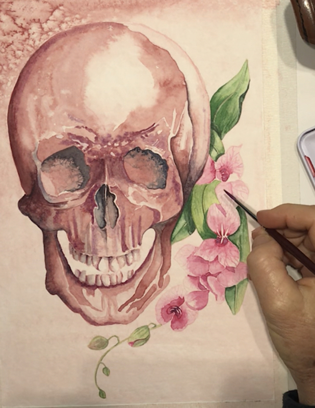 Create this watercolour of a human skull! 